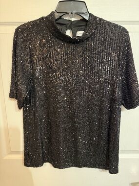 Calvin Klein Black Sequin Short-Sleeve Top P Large